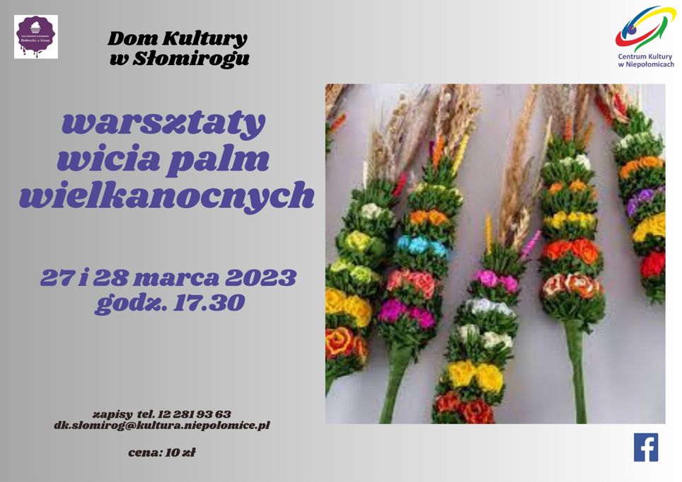 od prawej strony 5 palm wielkanocnych po lewo zaproszenie na warsztaty w Słomirogu