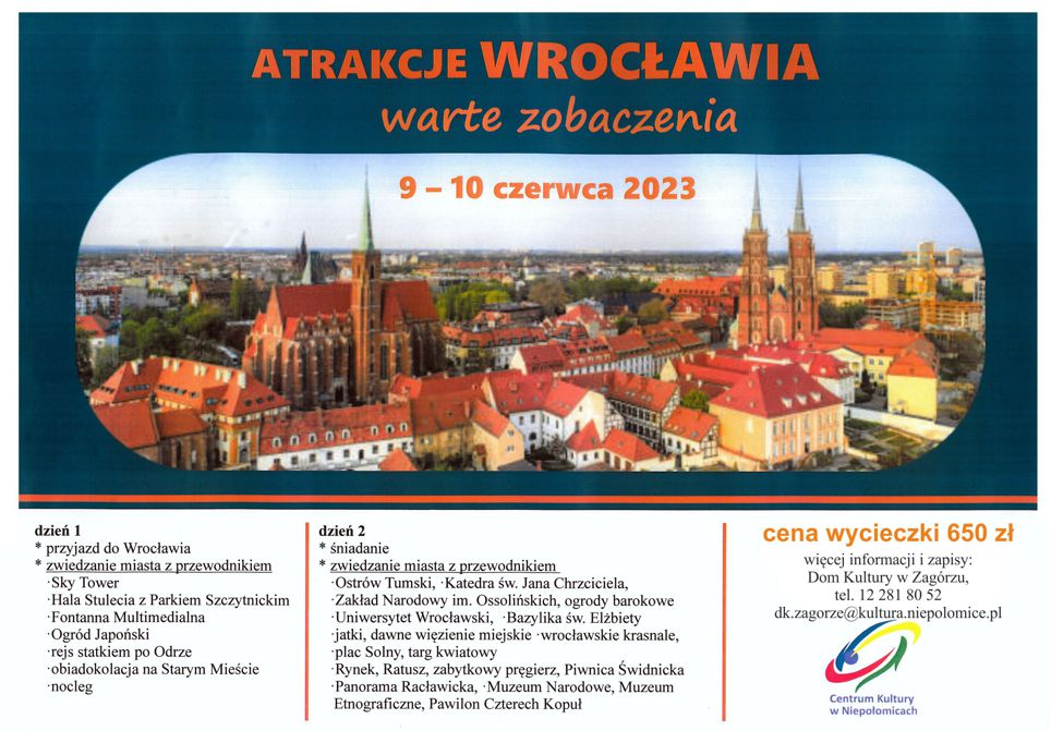 górna część strony napis atrakcje Wrocławia warte zobaczenia, poniżej w owalu panorama Wrocławia,dalej w dół informacje o wycieczce do Wroclawia