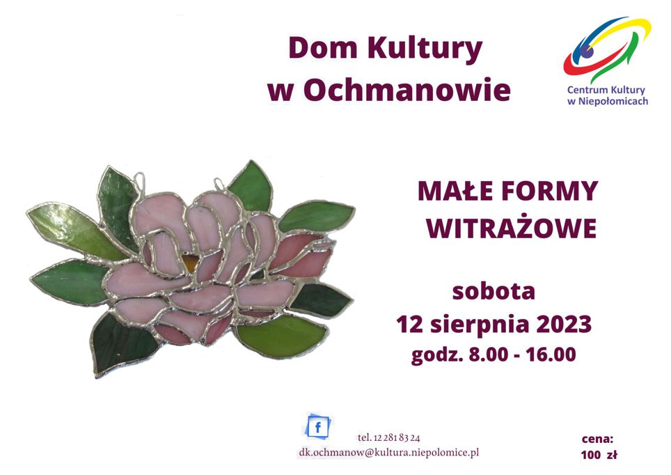 od lewa witrazowy kwiatek w prawo tekst zaproszenia na warsztaty w Ochmanowie